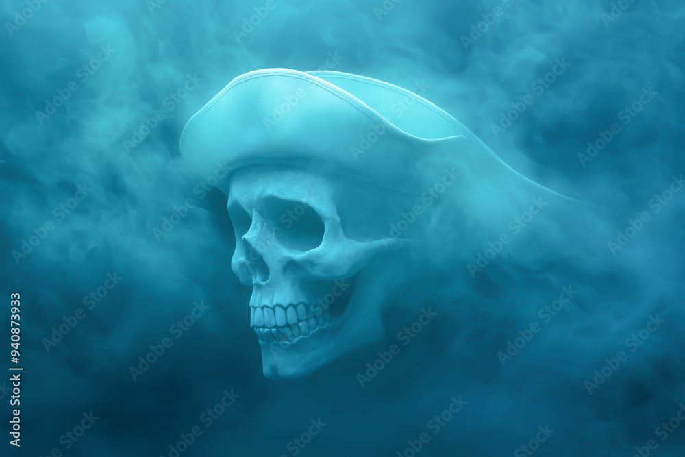 A captivating ghostly skull emerges from swirling blue fog, evoking mystery and intrigue in a supernatural atmosphere. A captivating ghostly skull emerges from swirling blue fog, evoking mystery and intrigue in a supernatural atmosphere.