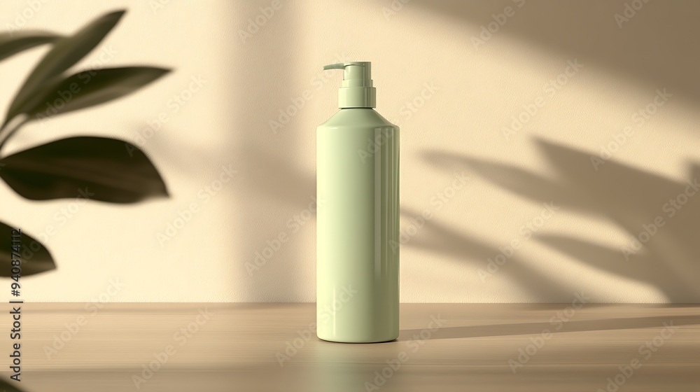 A green plastic bottle with a pump dispenser on a wooden surface with a plant and sunlight in the background. A green plastic bottle with a pump dispenser on a wooden surface with a plant and sunlight in the background.