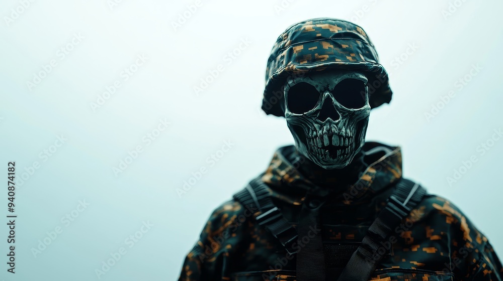 A spectral soldier in a tattered uniform, horrifying Halloween mask, ultra-realistic textures, moody atmosphere, isolated white background A spectral soldier in a tattered uniform, horrifying Halloween mask, ultra-realistic textures, moody atmosphere, isolated white background