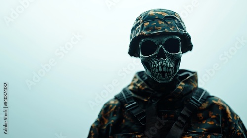 A spectral soldier in a tattered uniform, horrifying Halloween mask, ultra-realistic textures, moody atmosphere, isolated white background