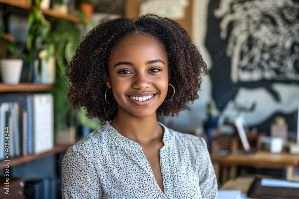 A young Black entrepreneur smiling confidently at her workspace, symbolizing the empowerment of women and minority business owners. A young Black entrepreneur smiling confidently at her workspace, symbolizing the empowerment of women and minority business owners.