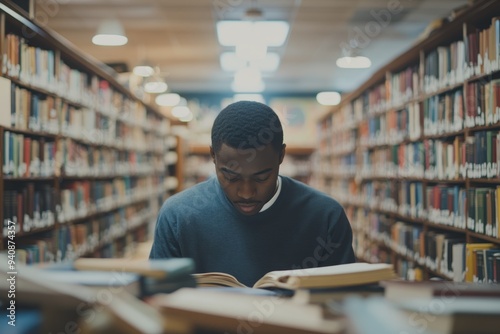 A young Black man studying diligently in a library, surrounded by books, representing the pursuit of knowledge and opportunity supported by affirmative action. photo