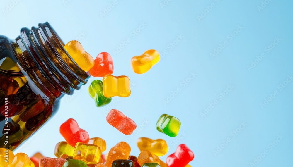 A vibrant cascade of gummy vitamins pouring from a bottle, symbolizing a delicious approach to health and daily nutrition A vibrant cascade of gummy vitamins pouring from a bottle, symbolizing a delicious approach to health and daily nutrition