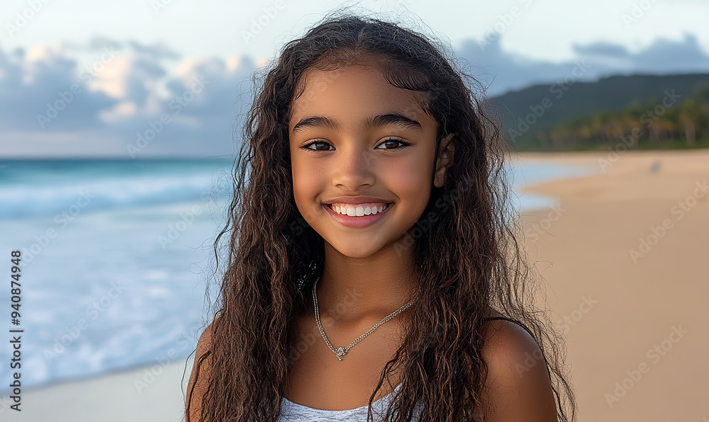 Charming Young Woman with Freckles and Curly Hair Smiling in Golden Beach Light, Close-Up Shot Capturing Her Natural Beauty Charming Young Woman with Freckles and Curly Hair Smiling in Golden Beach Light, Close-Up Shot Capturing Her Natural Beauty