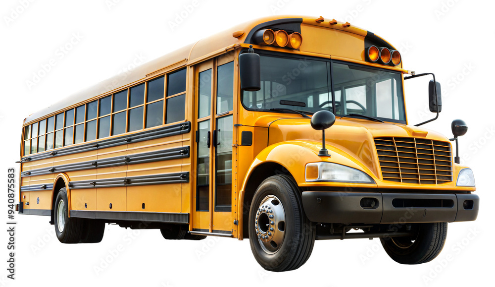 Classic yellow school bus parked at sunset hour isolated on transparent background Classic yellow school bus parked at sunset hour isolated on transparent background