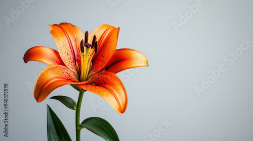 single lily flower against a light gray background, with a minimalist aesthetic and ample space for copy