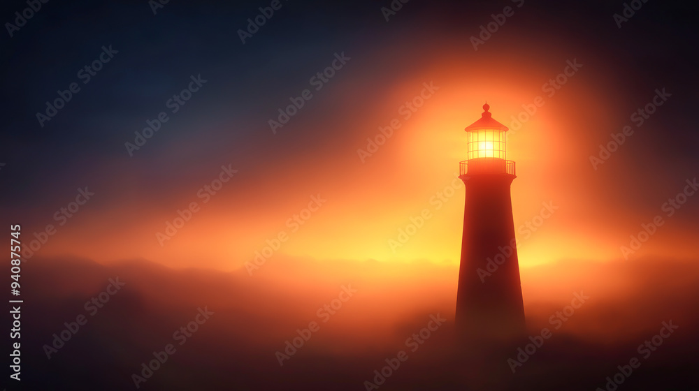 A mesmerizing lighthouse shines brightly through the fog, casting a warm glow against a dramatic night sky. A mesmerizing lighthouse shines brightly through the fog, casting a warm glow against a dramatic night sky.