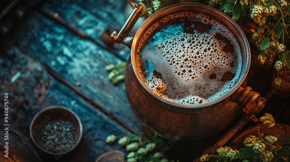 A close-up shot of a brewing kettle filled with bubbling wort, surrounded by hops and barley on a rustic wooden table A close-up shot of a brewing kettle filled with bubbling wort, surrounded by hops and barley on a rustic wooden table