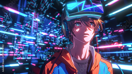 anime characters playing vr games with game world background