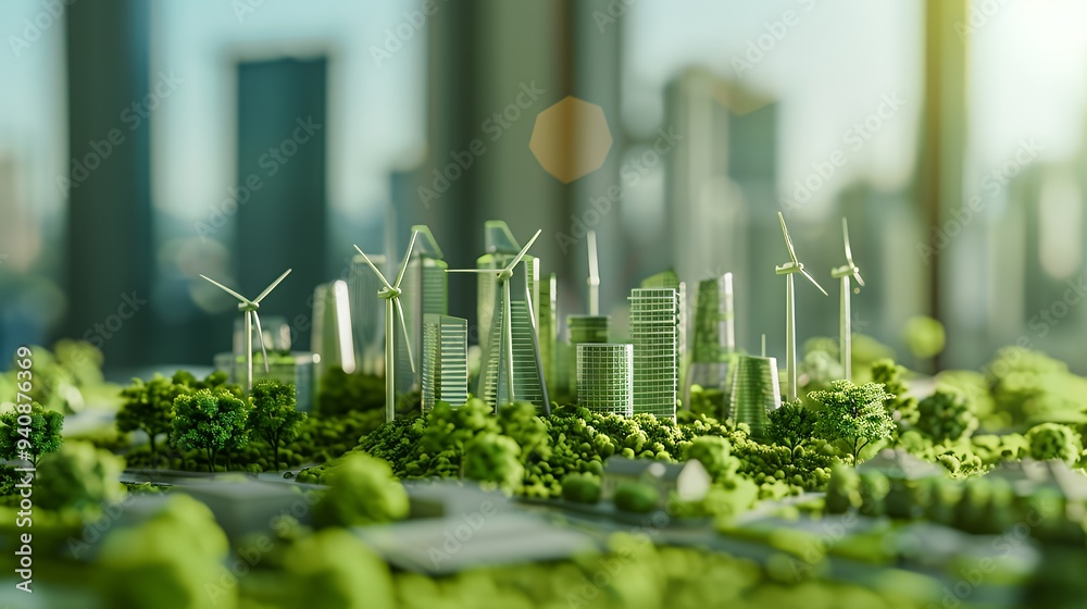 A miniature model of a sustainable city with wind turbines and greenery. A miniature model of a sustainable city with wind turbines and greenery.