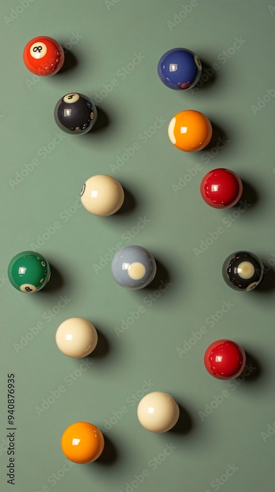 An overhead view of a billiards table with various colored balls scattered across the felt, with a solid light background emphasizing the game An overhead view of a billiards table with various colored balls scattered across the felt, with a solid light background emphasizing the game