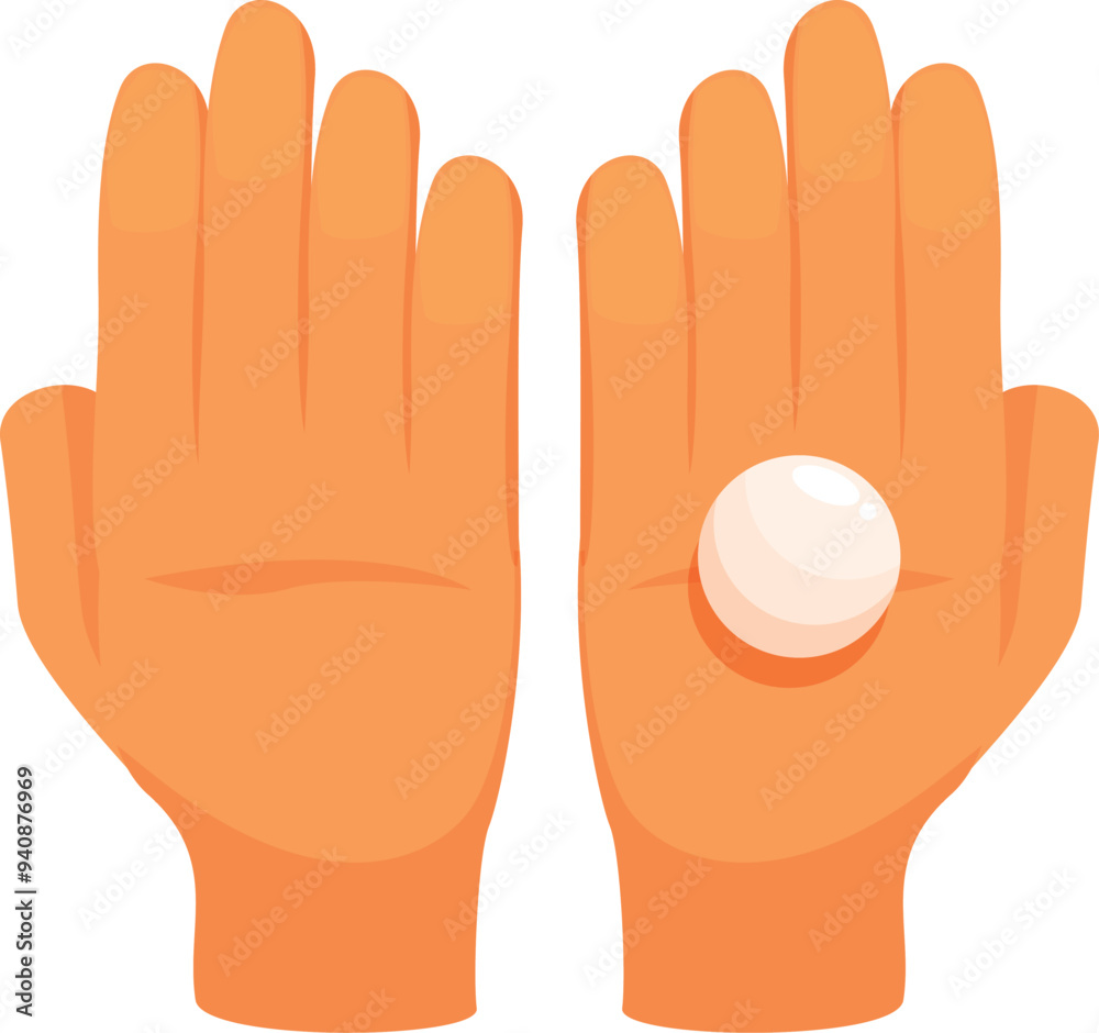Obraz premium Two hands wearing orange gloves, one of them holding a white pill