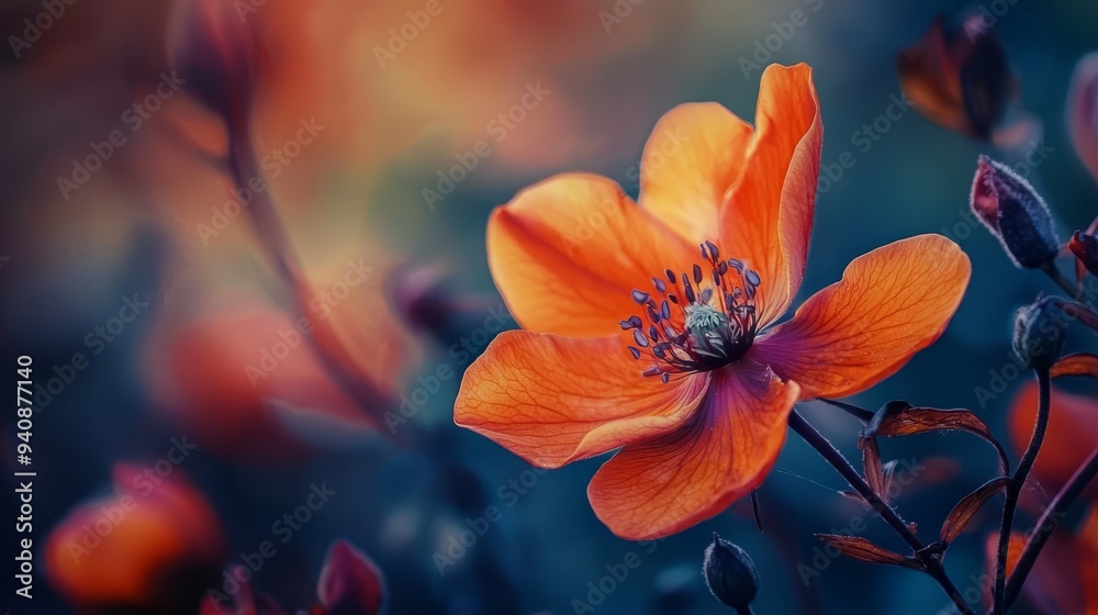 A tight shot of an orange blossom against a backdrop of softly blurred red and purple flowers A tight shot of an orange blossom against a backdrop of softly blurred red and purple flowers