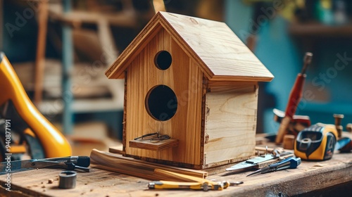 A close-up view of a wooden birdhouse being assembled with tools and materials scattered around, showcasing the craftsmanship involved