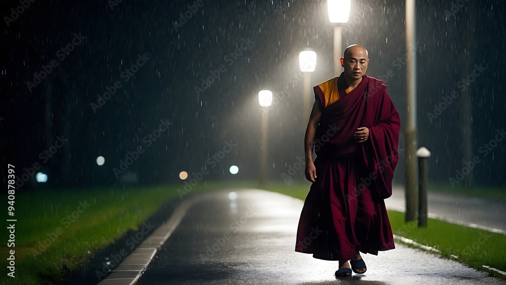 Tranquil Night: Monk's Reflective Walk in Gentle Rain Tranquil Night: Monk's Reflective Walk in Gentle Rain