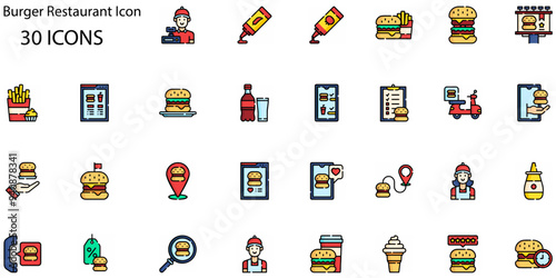 Set of Burger Restaurant icons. Line art style icons bundle. vector illustration