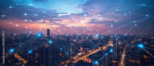 Futuristic Cityscape at Dusk with Network Connections and Glowing Lights