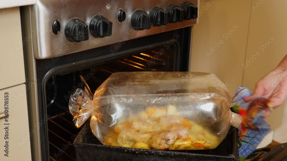 Meat and vegetables are baked in the oven in a baking sleeve.