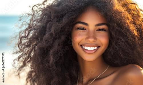 Radiant Young Woman with Curly Hair Smiling on the Beach at Golden Hour, Close-Up Portrait with Tanned Skin and Freckles