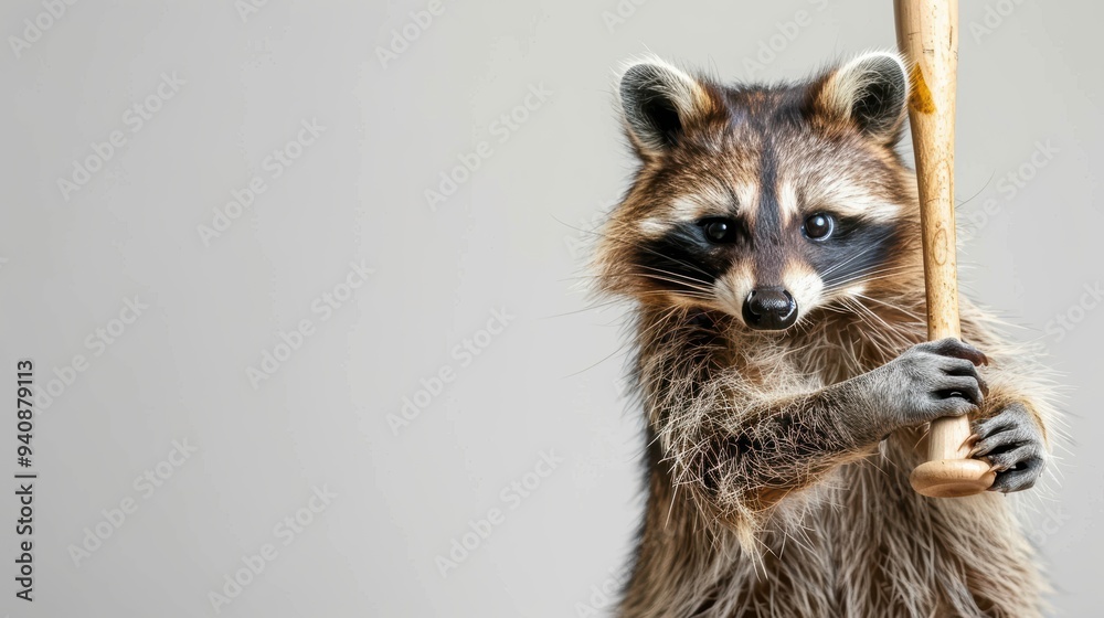 A cute raccoon holding a baseball bat, showcasing a playful and curious demeanor against a neutral background. A cute raccoon holding a baseball bat, showcasing a playful and curious demeanor against a neutral background.