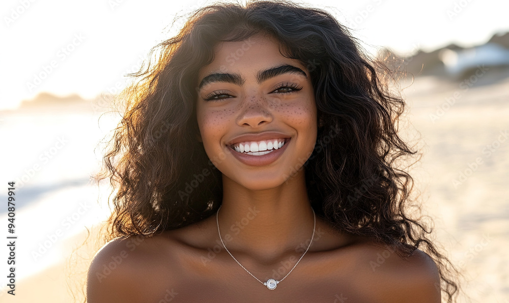 Beautiful Young Woman with Long, Curly Hair Smiling on the Beach During ...