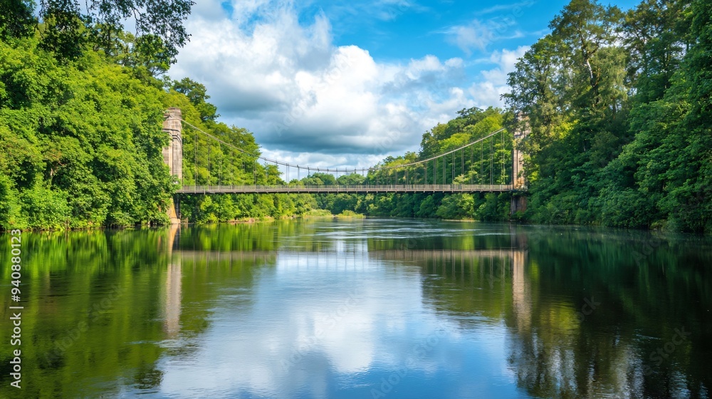 A modern suspension bridge spanning a serene river with reflections on the water, surrounded by lush greenery A modern suspension bridge spanning a serene river with reflections on the water, surrounded by lush greenery