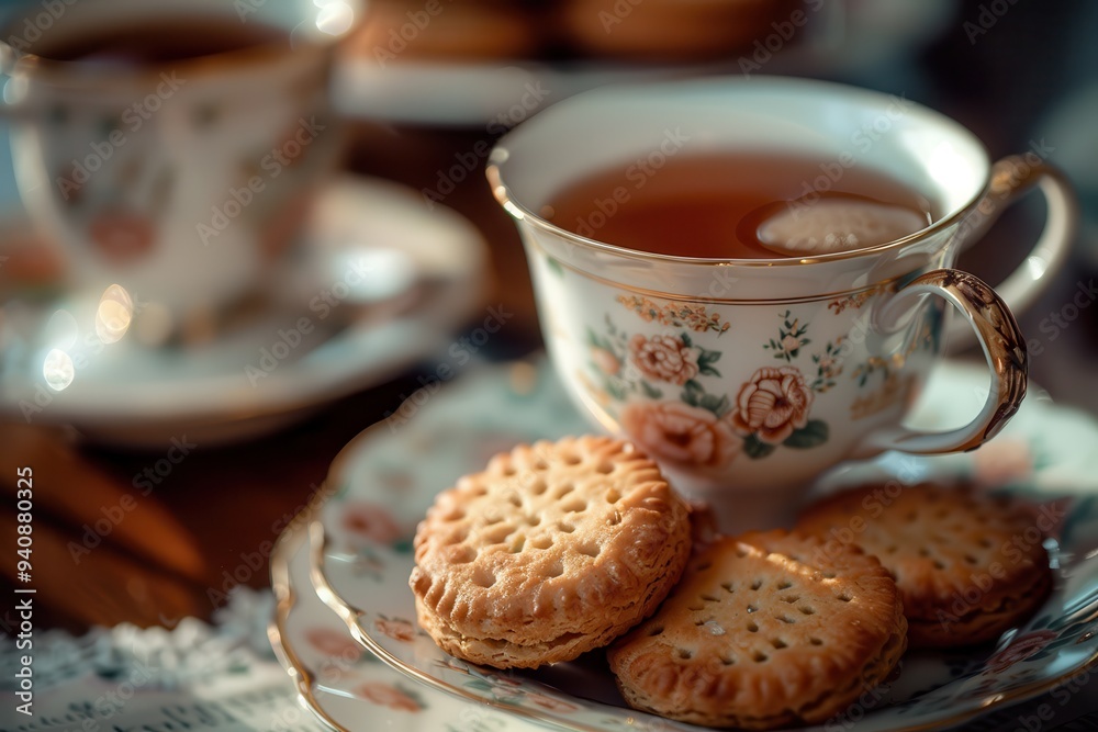 Teatime. Afternoon Tea Drink and Biscuit. Leisure Time Cup Closeup Still Life Teatime. Afternoon Tea Drink and Biscuit. Leisure Time Cup Closeup Still Life