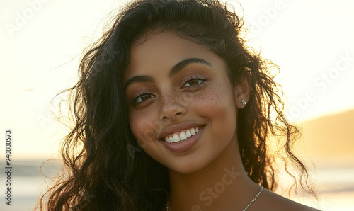 Beautiful Young Woman with Long, Curly Hair Smiling on the Beach During Golden Hour. Close-Up Portrait with Tanned Skin, Freckles, and Necklace, Captured with Canon EOS R5