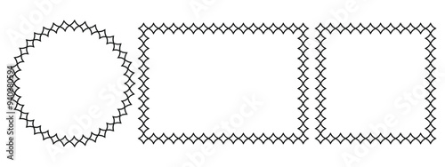 Circle and square scalloped frames. Scalloped edge rectangle and ellipse shapes. Simple label frame. Vector illustration
