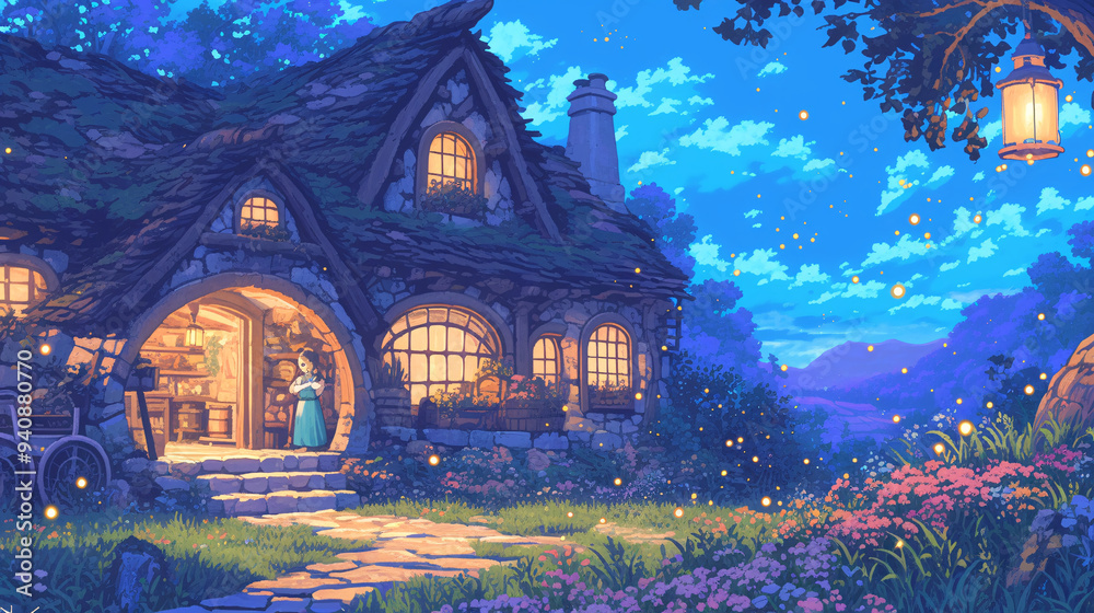 The village is surrounded by lush greenery and a tranquil river, with the sky painted in hues of soft blue.