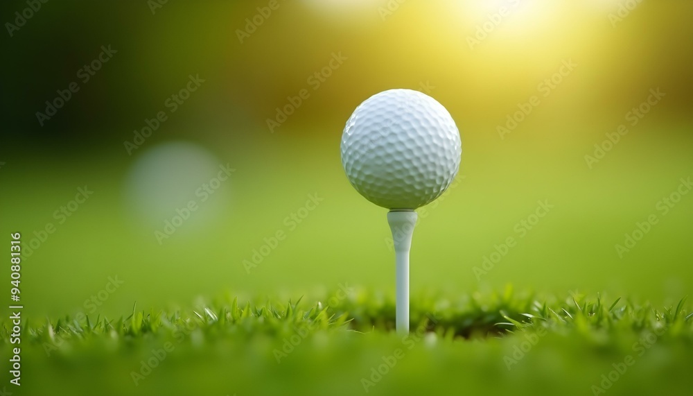 A close-up shot of a golf ball perched on a tee, set against a beautifully blurred green bokeh background, capturing the serene essence of the golf course, golf ball in ground, golf ball on grace 