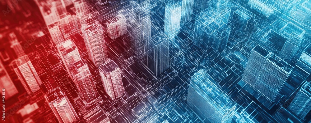 Aerial view of a futuristic cityscape with illuminated buildings, showcasing a blend of red and blue tones in a digital style. Aerial view of a futuristic cityscape with illuminated buildings, showcasing a blend of red and blue tones in a digital style.