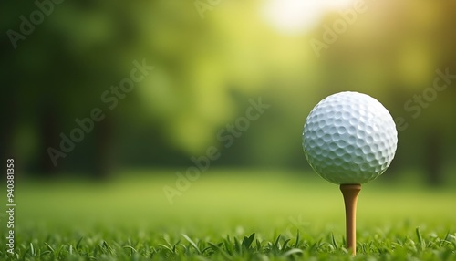 Wallpaper Mural A close-up shot of a golf ball perched on a tee, set against a beautifully blurred green bokeh background, capturing the serene essence of the golf course, golf ball in ground, golf ball on grace  Torontodigital.ca