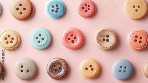 A close-up shot of various realistic buttons, showcasing different textures and colors against a soft pastel background