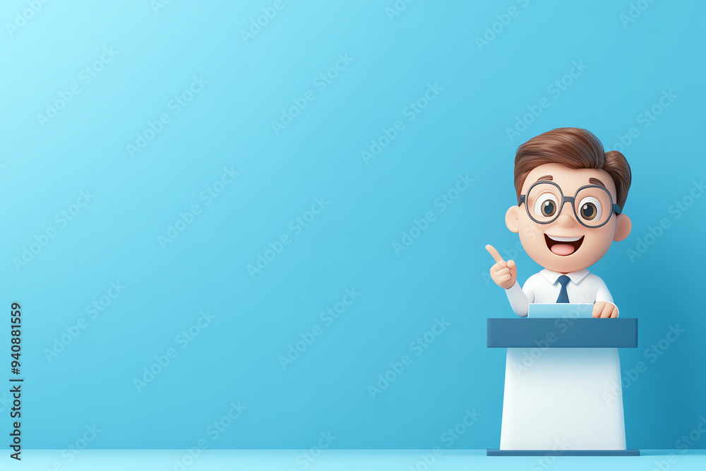 A cheerful cartoon character at a podium, ready to present with excitement and enthusiasm against a blue background. A cheerful cartoon character at a podium, ready to present with excitement and enthusiasm against a blue background.