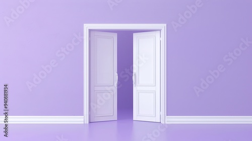 Three-Dimensional Double Door Opening to Interior White Space on Violet Background