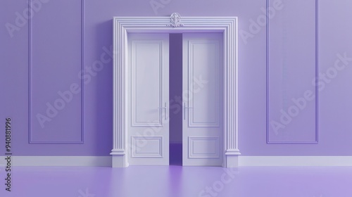 Three-dimensional Double Door Opened in White Space. Architectural Element for Interior Room on Violet Background