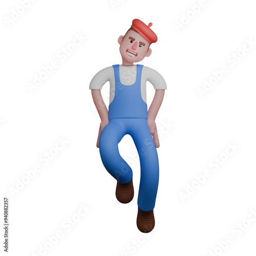 3D Cartoon Male Artist. artist posing with hands on hips and a firm facial expression. Painting Action