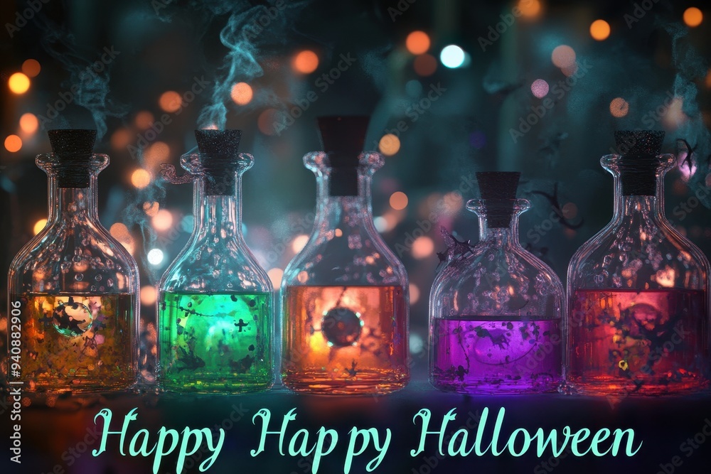 Potion Bottles Collage: Images of various potion bottles with colorful liquids. The text Potion Bottles Collage: Images of various potion bottles with colorful liquids. The text