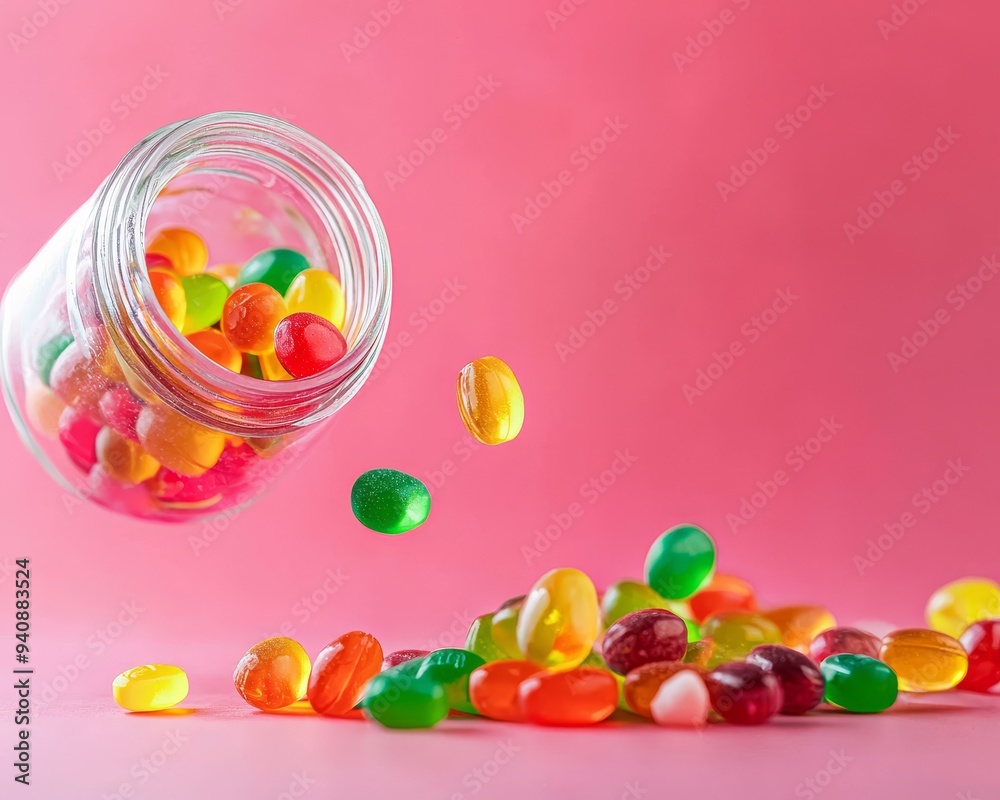 An open bottle of colorful gummy vitamins with a cheerful spill, showcasing the fun and flavorful side of health and nutrition An open bottle of colorful gummy vitamins with a cheerful spill, showcasing the fun and flavorful side of health and nutrition