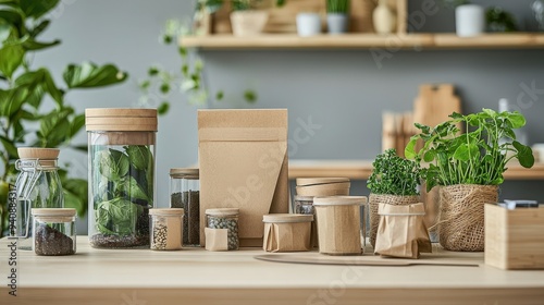 Fototapeta Naklejka Na Ścianę i Meble -  A stylish arrangement of various herbs and spices in eco-friendly containers on a wooden kitchen table.