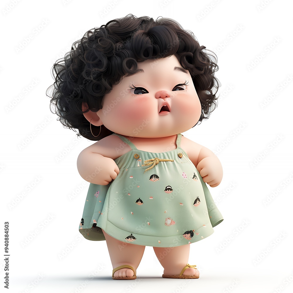 A cute animated baby character with curly hair, wearing a dress and sandals, exuding confidence. A cute animated baby character with curly hair, wearing a dress and sandals, exuding confidence.