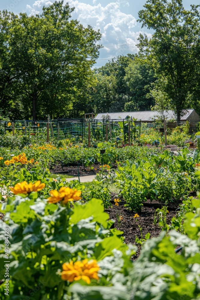 Obraz premium Lush garden scene featuring vibrant flowers and greenery under a blue sky, showcasing the beauty of nature and cultivation.