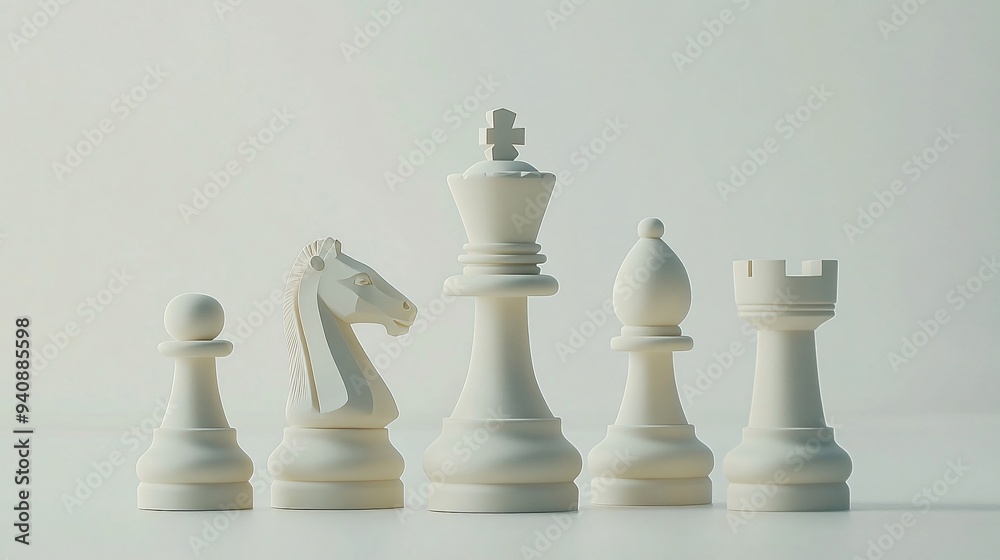 A minimalist chess setup on a light solid color background, with a focus on the knight and bishop pieces A minimalist chess setup on a light solid color background, with a focus on the knight and bishop pieces