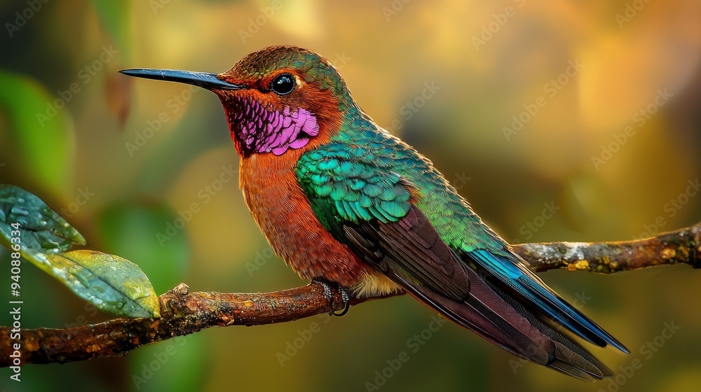Fototapeta premium A vibrant bird perches on a branch, its wings adorned with water droplets; the backdrop of leaves subtly blurred