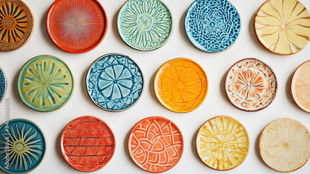 A set of colorful ceramic coasters arranged on a light solid color background, showcasing intricate patterns and textures A set of colorful ceramic coasters arranged on a light solid color background, showcasing intricate patterns and textures
