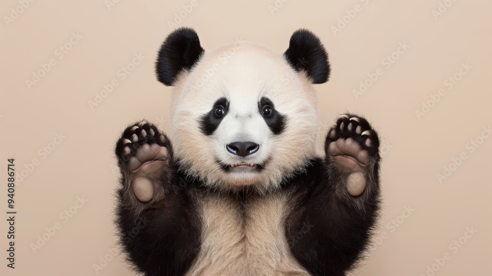 Adorable panda displaying its paws against a soft beige background, perfect for wildlife and animal-themed projects. Adorable panda displaying its paws against a soft beige background, perfect for wildlife and animal-themed projects.
