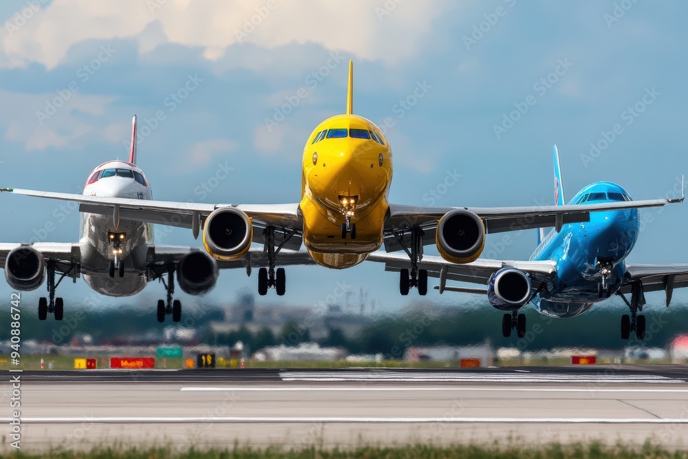 Brightly colored commercial airplanes, in yellow, blue, and white, sit on the runway poised for takeoff on a clear, sunny day, showcasing the vibrancy and excitement of air travel. Brightly colored commercial airplanes, in yellow, blue, and white, sit on the runway poised for takeoff on a clear, sunny day, showcasing the vibrancy and excitement of air travel.