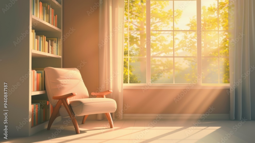 Fototapeta premium Cozy reading nook with sunlight streaming through a large window, creating a warm, inviting atmosphere in a serene room.