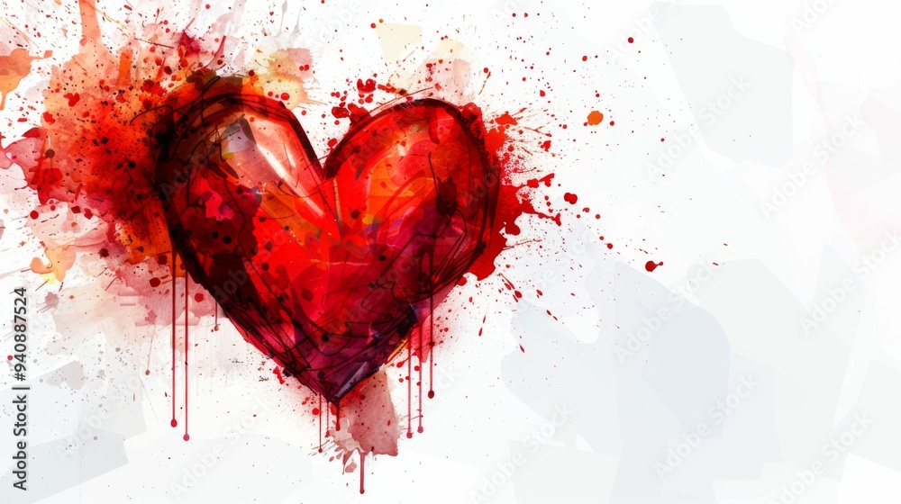 Watercolor, red heart with red paint dripping from it. Watercolor, red heart with red paint dripping from it.
